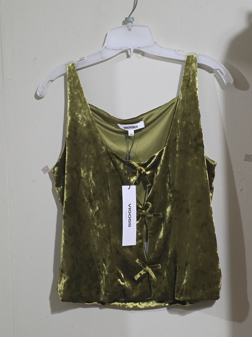 NWT Vigoss Olive Green Velvet Tank Tops BOW front Large L